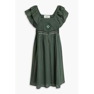NWT BA&SH Uriel Pintucked Cotton Ruffle Sleeve Mini Dress  Army Green (1 = US 4)